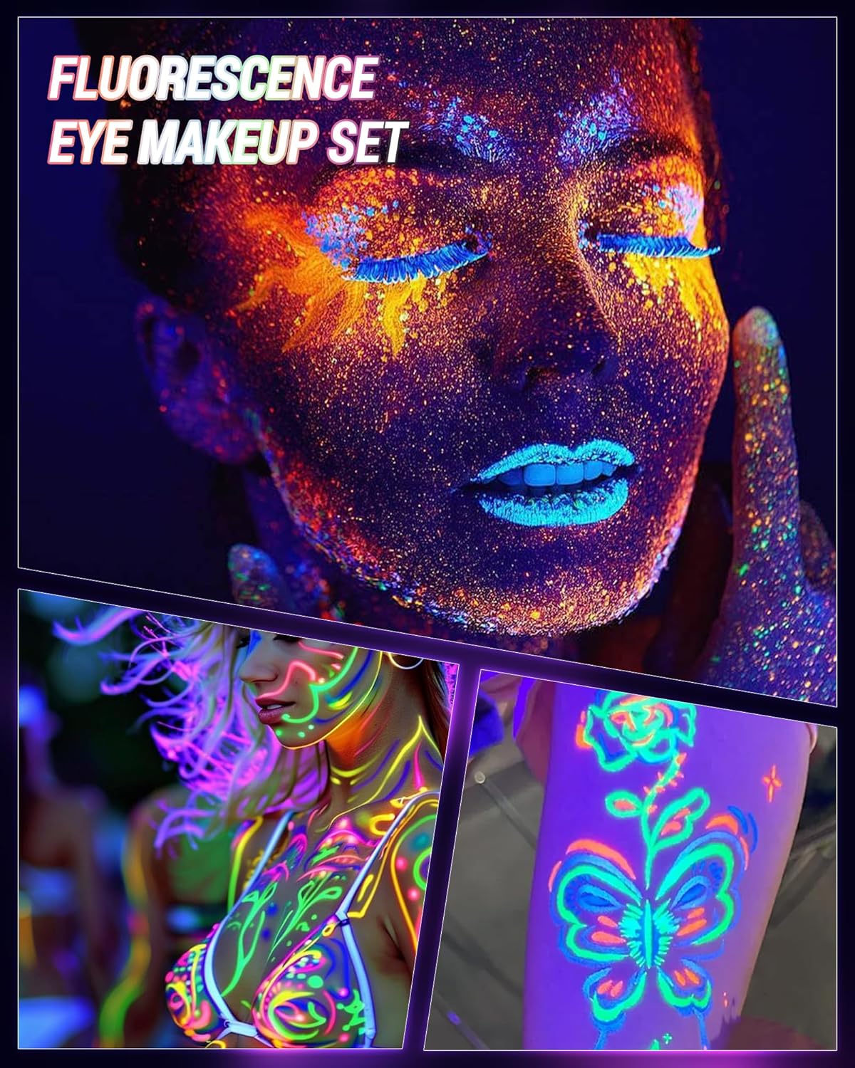 UV Neon Green Mascara & Eyeliner Set, Waterproof Volumizing Colored Mascara Volume and Length for Lashes Lengthening, Long Lasting Glitter Liquid Eyeliner Pencil, Halloween Glow in the Dark Makeup-06