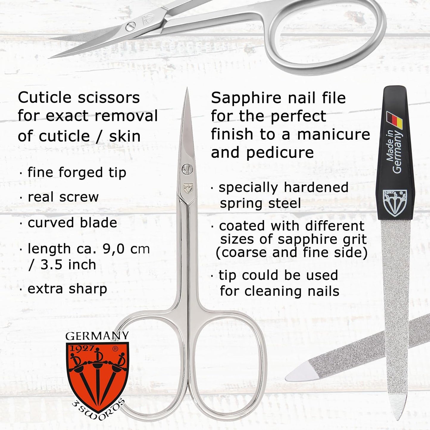 3 Swords Germany - Brand Quality 6 Piece Manicure Pedicure Grooming kit Set - Scissors, Metal and Glass Nail File, Clipper, Tweezers with Synthetic Leather case - Black