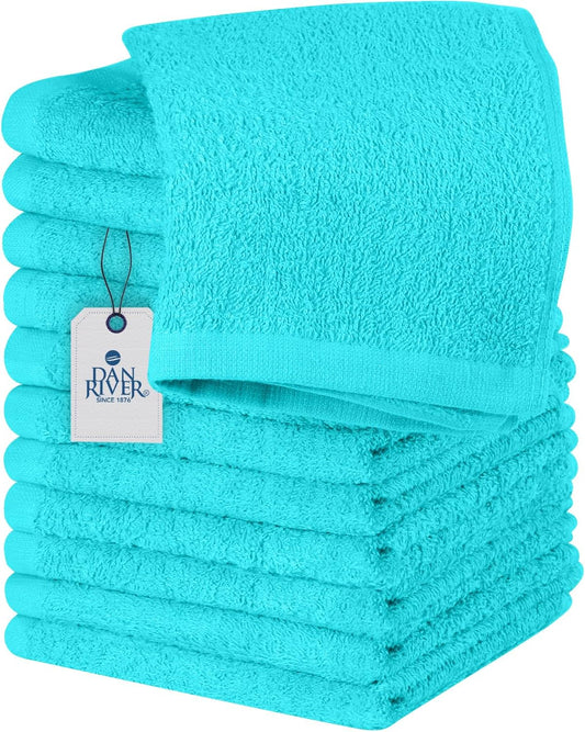 DAN RIVER 100% Cotton Wash Cloths 12 Pack [12x12] Soft & Absorbent face Towel for Showering, Gym, Hotels & Spa Perfect for Everyday Use Fingertip Towels, Turquoise