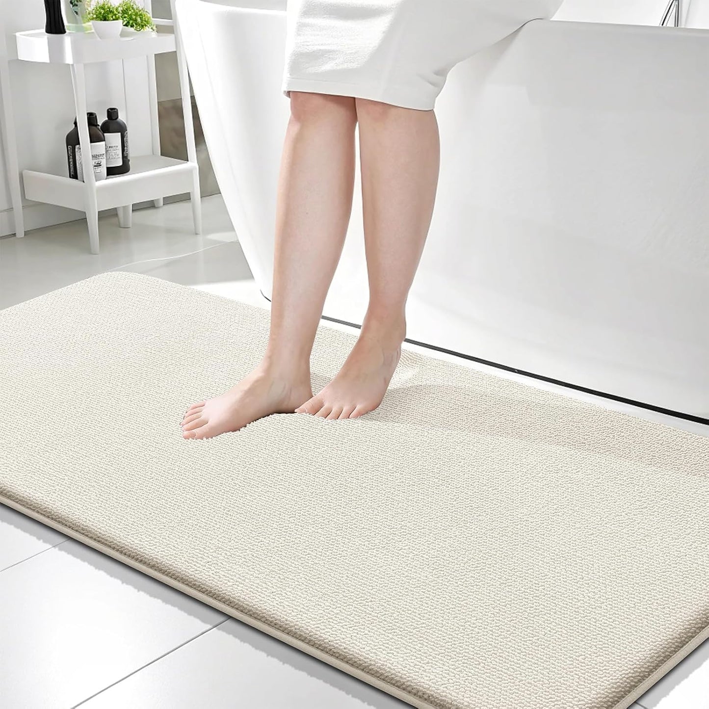 OLANLY Thick Memory Foam Bath Mat Rug 59x24, Extra Soft Absorbent Bathroom Rug, Quick Dry Bath Mats, Non-Slip, Machine Washable Carpet for Bathroom, Tub and Shower, Home Decor Accessories, Ivory