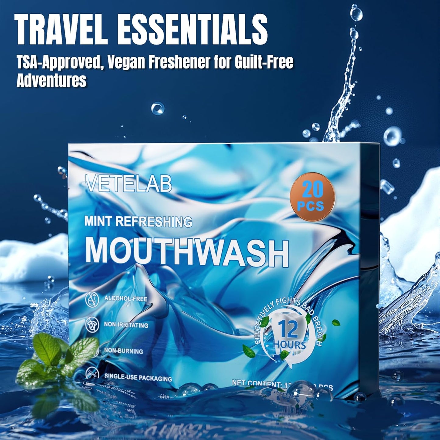 Portable Travel Size Mouthwash Packets - Mini Mint Mouthwash for Adults, Alcohol & Fluoride-Free, Freshens Breath for 12 Hours, Perfect for Date, Office, or Travel (Pack of 20)