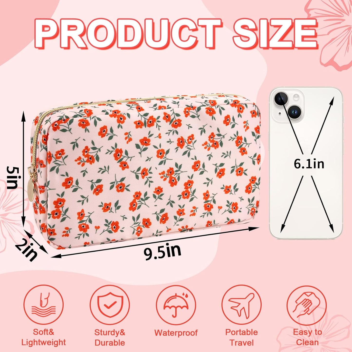 Waterproof Small Floral Makeup Bag Pouch for Purse,Nylon Flower Cosmetic Bag Preppy Travel Toiletry Storage Bag for Women Girl,Cute Makeup Organizer Bag Skincare Bag with Zipper(Small Pink-Flowers)