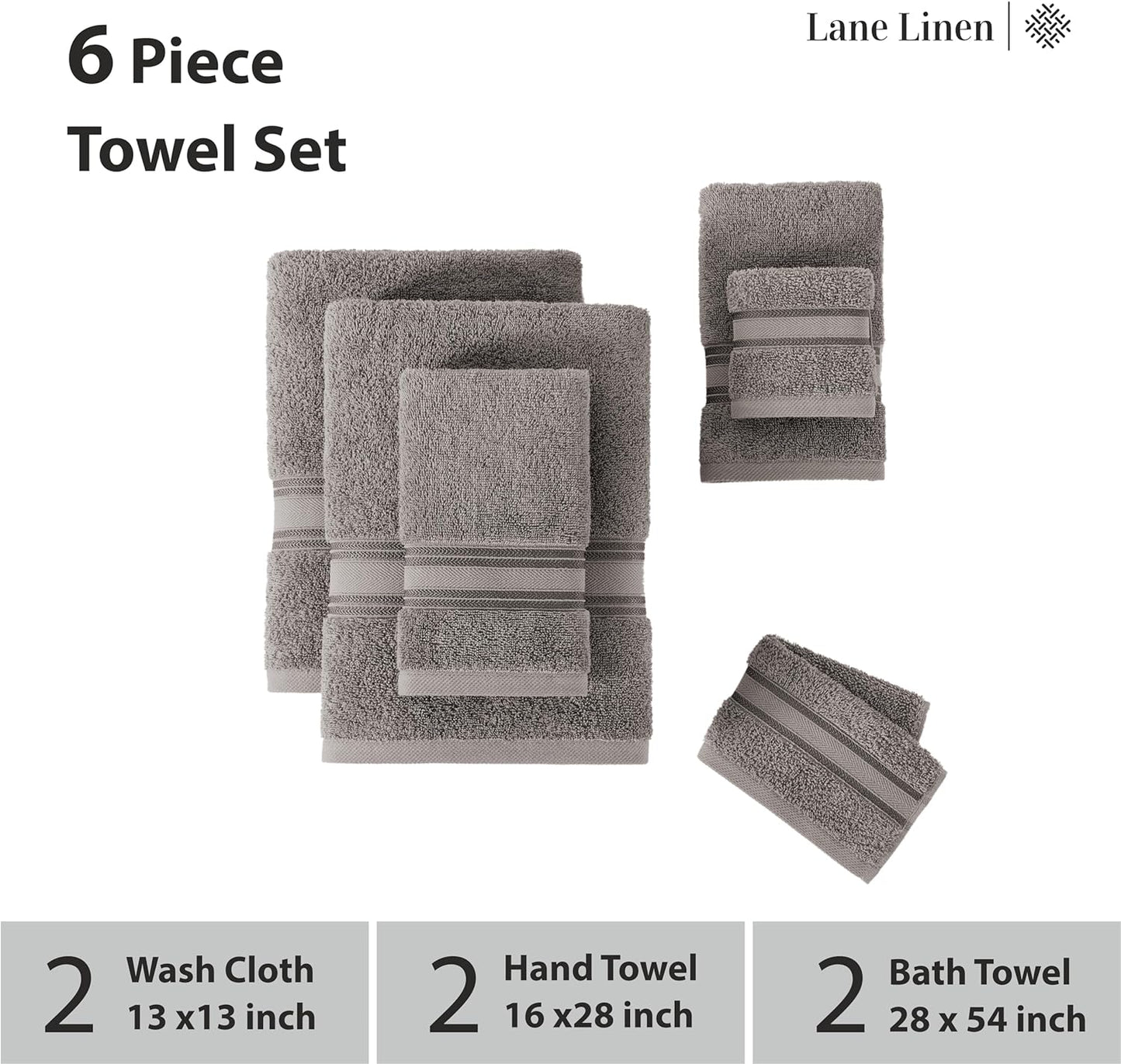 LANE LINEN Luxury Bath Towels Set - 6 Piece 100% Cotton Bathroom Quick Dry Shower Extra Aborbent Towel Super Soft 2 Hand Wash Cloths Space Grey