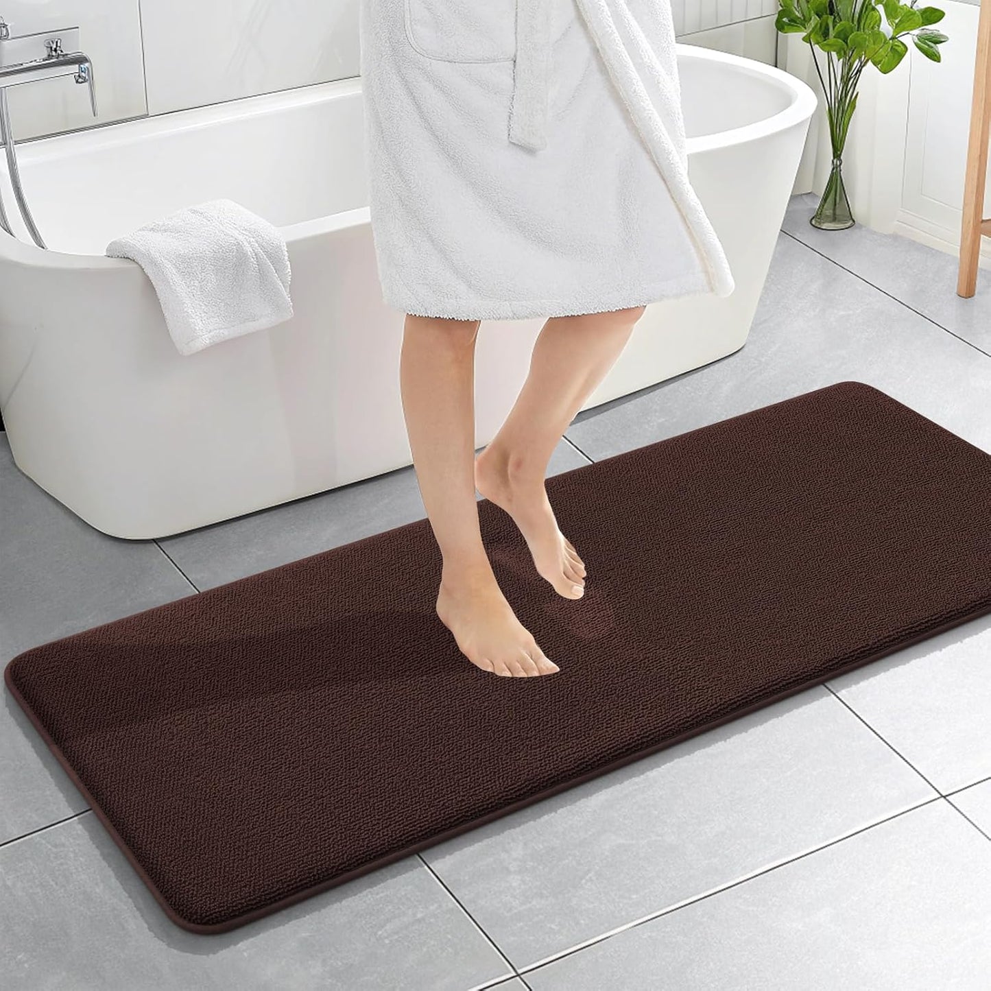 OLANLY Thick Memory Foam Bath Mat Rug 59x20, Extra Soft Absorbent Bathroom Rug, Quick Dry Bath Mats, Non-Slip, Machine Washable Carpet for Bathroom, Tub and Shower, Home Decor Accessories, Brown