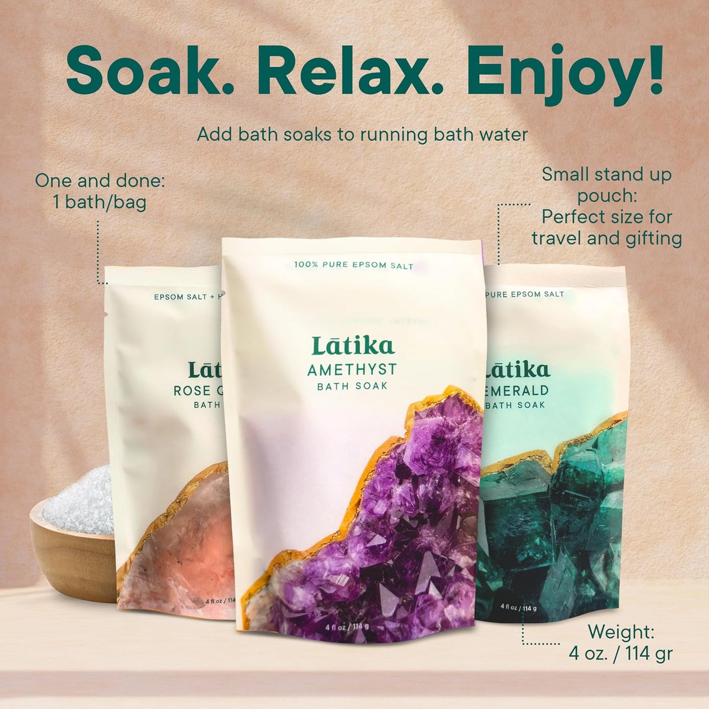Geode-Inspired Bath Soak Set of 3 - Amethyst, Rose Quartz & Emerald with Essential Oils & Epsom Salt - Sandalwood, Lavender, Sage & Eucalyptus for Stress Relief, Muscle Recovery & Skin Care