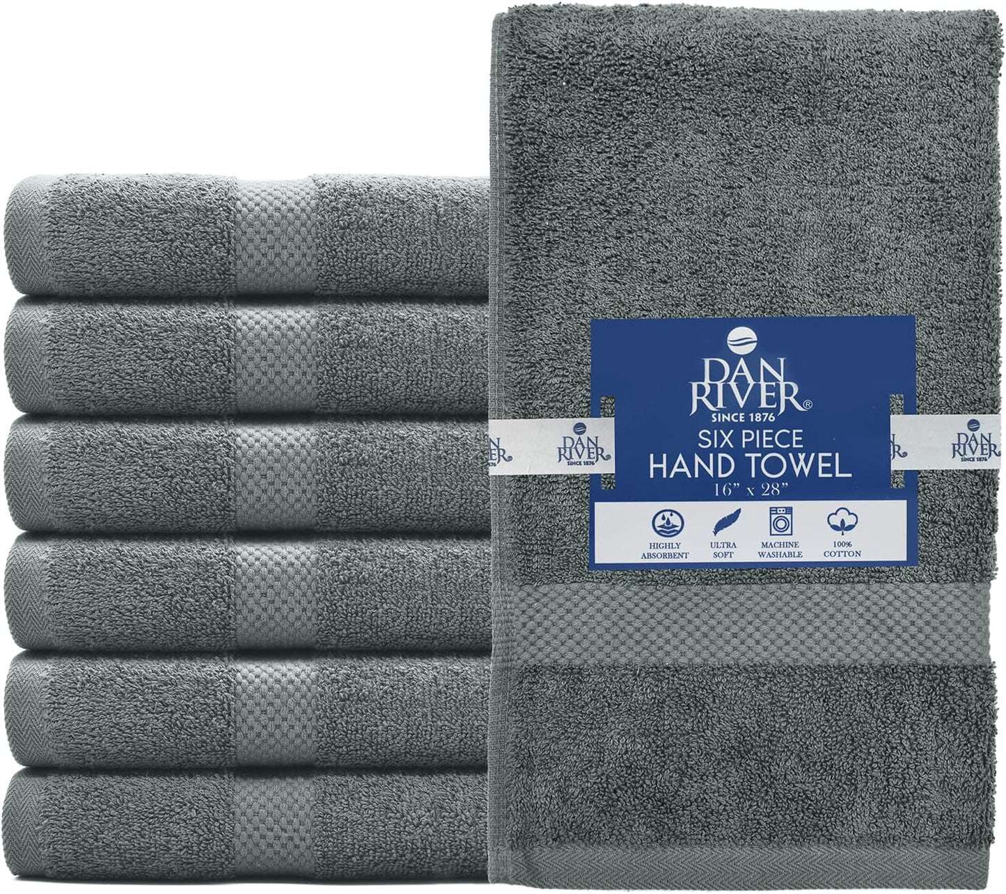 DAN RIVER 6-Pack Premium Hand Towels (16x28 Inches) - 100% Cotton, Ultra Soft, Lightweight, Highly Absorbent Towels for Bathroom, Spa, Gym, Salon, Hotel, and Travel - 550 GSM – Gray