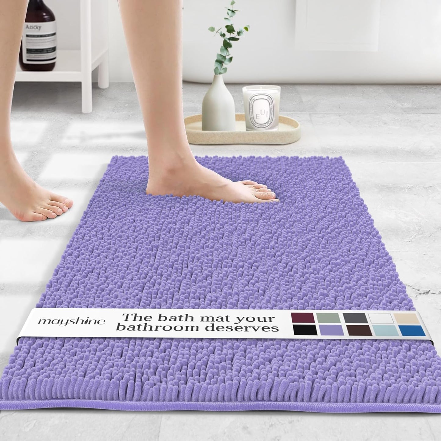 MAYSHINE Plush Shaggy Chenille Bath Mat | Extra Soft, Super Absorbent, Non-Slip Bathroom Rug | Fluffy Microfiber, Area Rug Sets for Bathroom Floor, Kitchen, Living Room | 39"x24" | Lavender