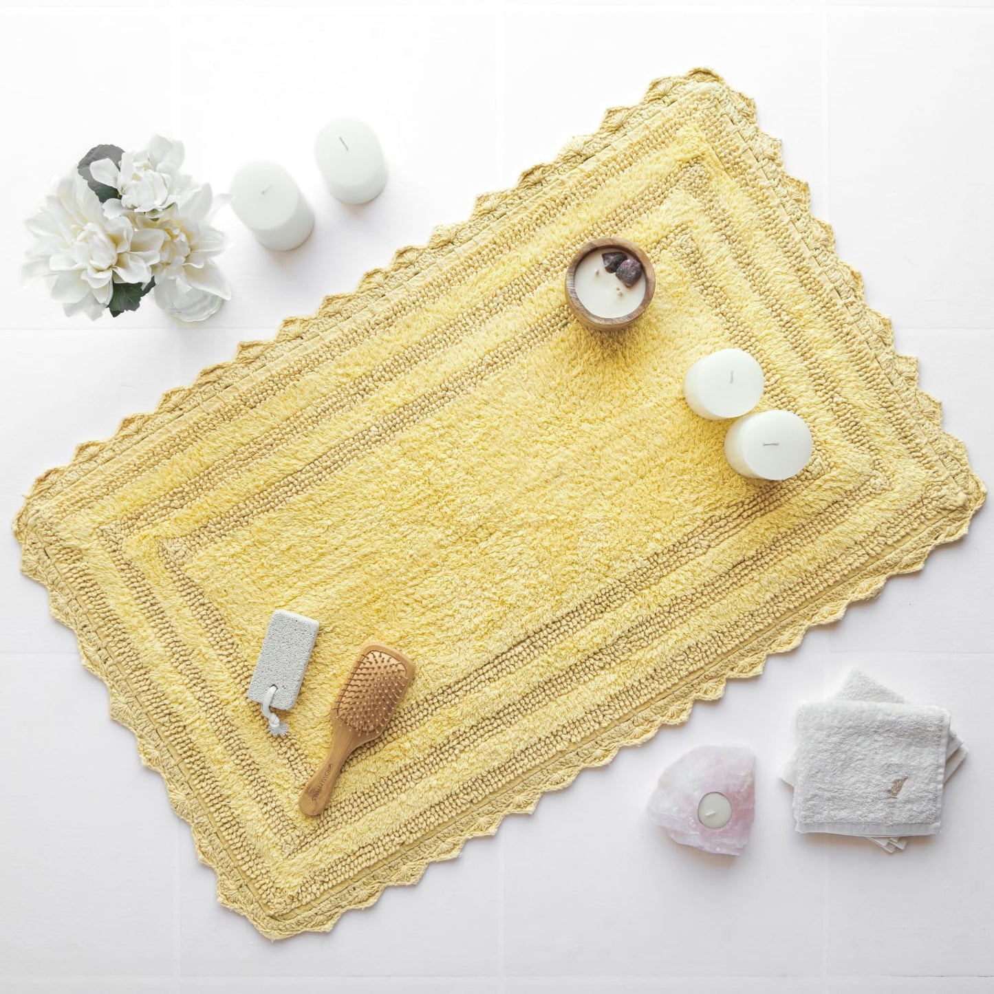 RAJRANG Bath Rug for Bathroom Kitchen Spa with Crochet Pattern Cotton Absorbent Soft Reversible Woven Bath Mat Pale Banana Rectangle 34x21 Inches