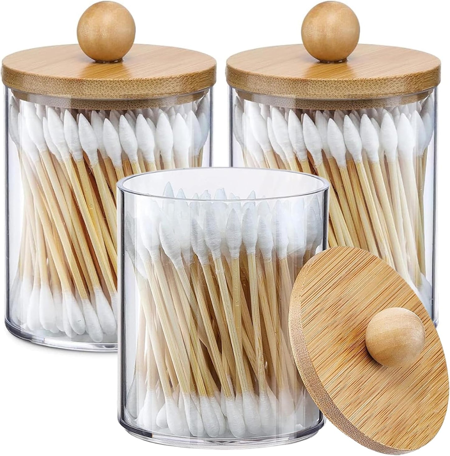 AXX Qtip Dispenser Apothecary Jars Bathroom - Qtip Holder Storage Canister Clear Plastic Jar for Cotton Swab,Q-Tips,Cotton Rounds (G#Bamboo 4Pcs)