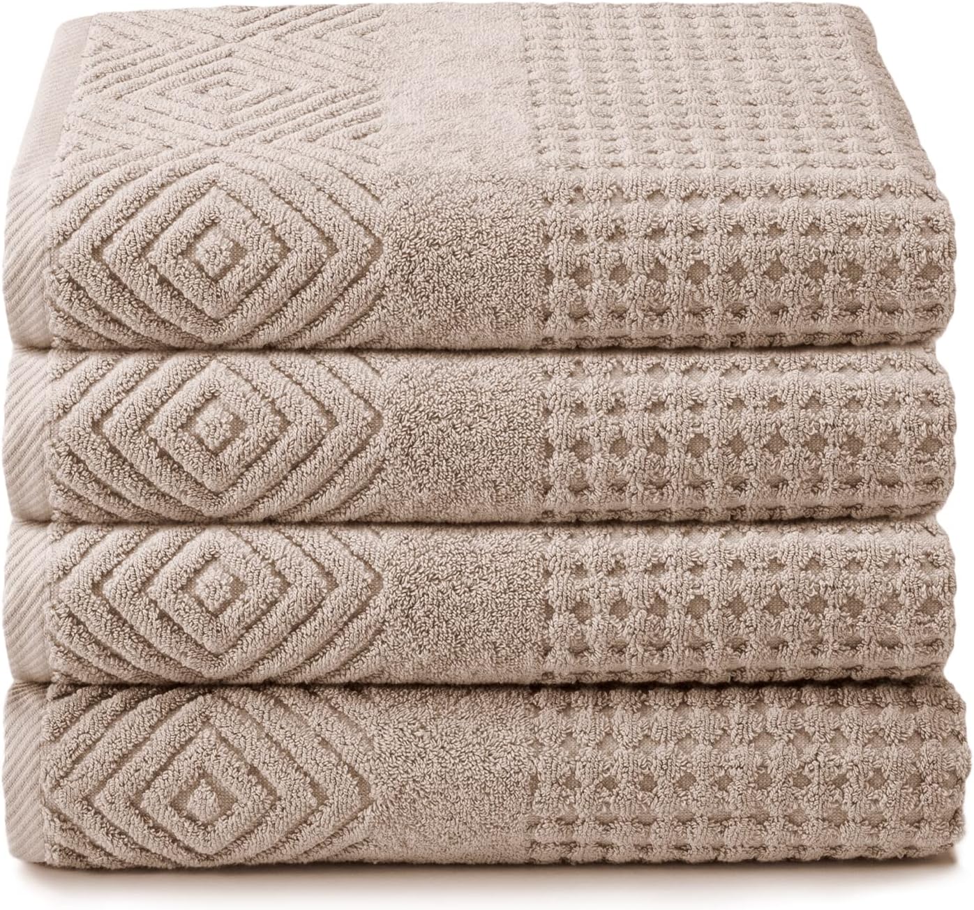 Texere 100% Organic Cotton Diamond Jacquard 700 GSM Luxury Bath Towel Sets - Ultra Soft and Absorbent Hotel and Spa Quality (Diamond, Oxford Tan, 4 Bath Towels)