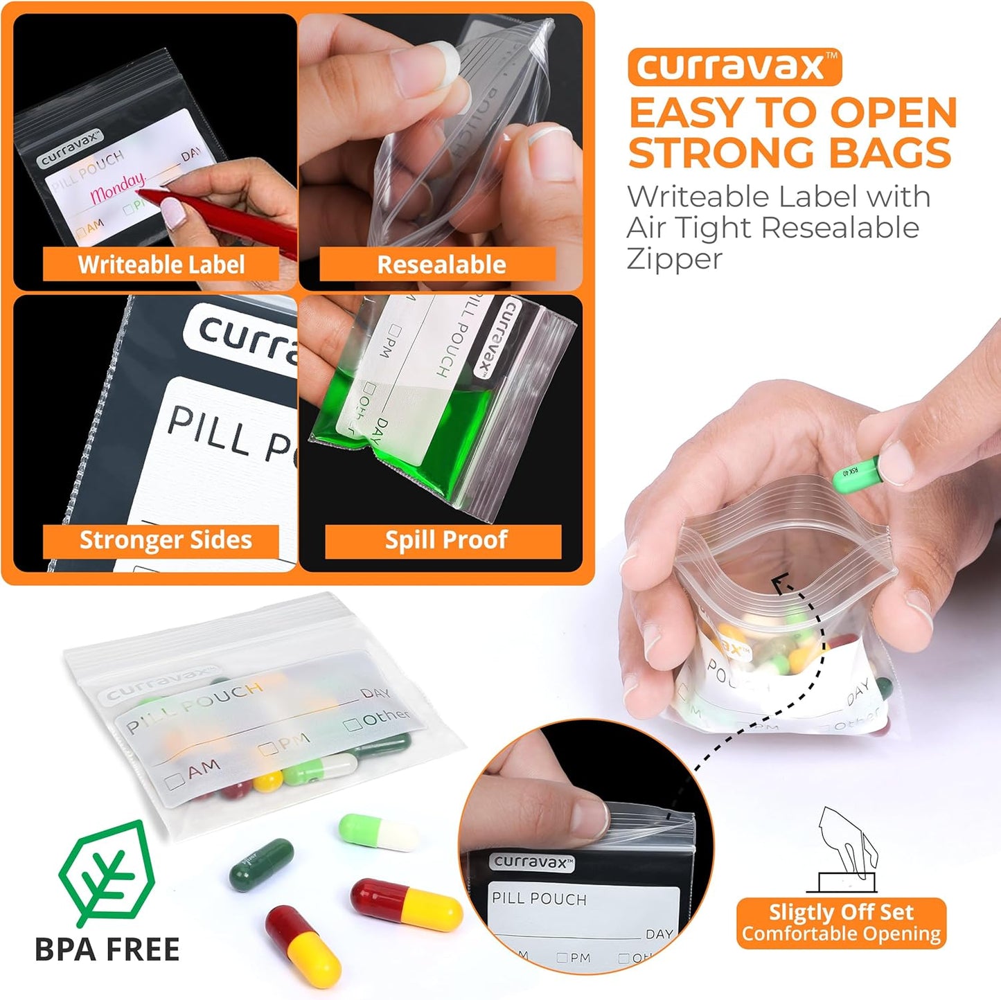 Pill Bags for Travel Pack of 540 - BPA Free 3 x 2.75 inch Pill Pouch - Reusable Pill Pouches for Medicine with Write on Label –Clear Ziplock Pill Baggies for Travel Medicine Organizer