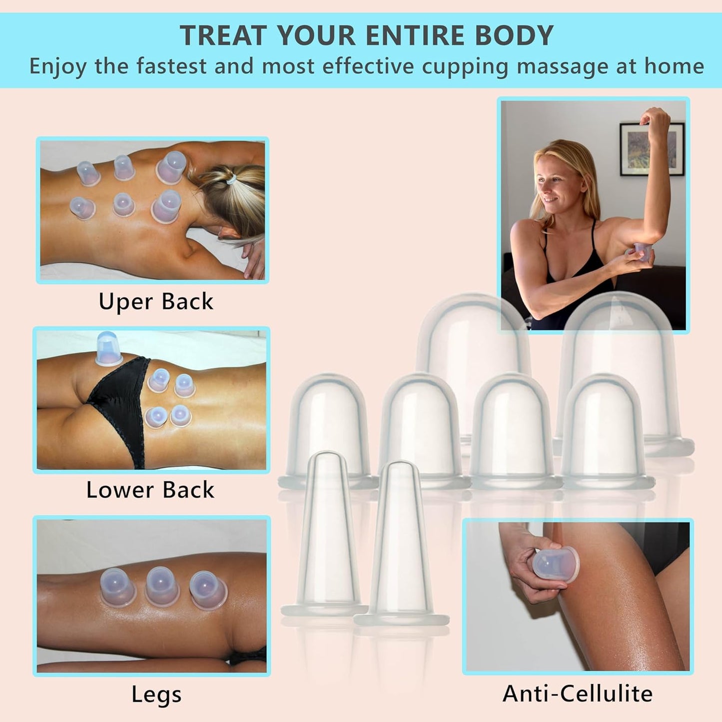 Cupping Kit for Massage Therapy - by DoSensePro 8 Silicone Massage Cups for Arthritis Relief, Pain Reduction, Anti-Aging & Cellulite Treatment - Cupping Set Massage Therapy Cups (2XL, 4L, 2M)