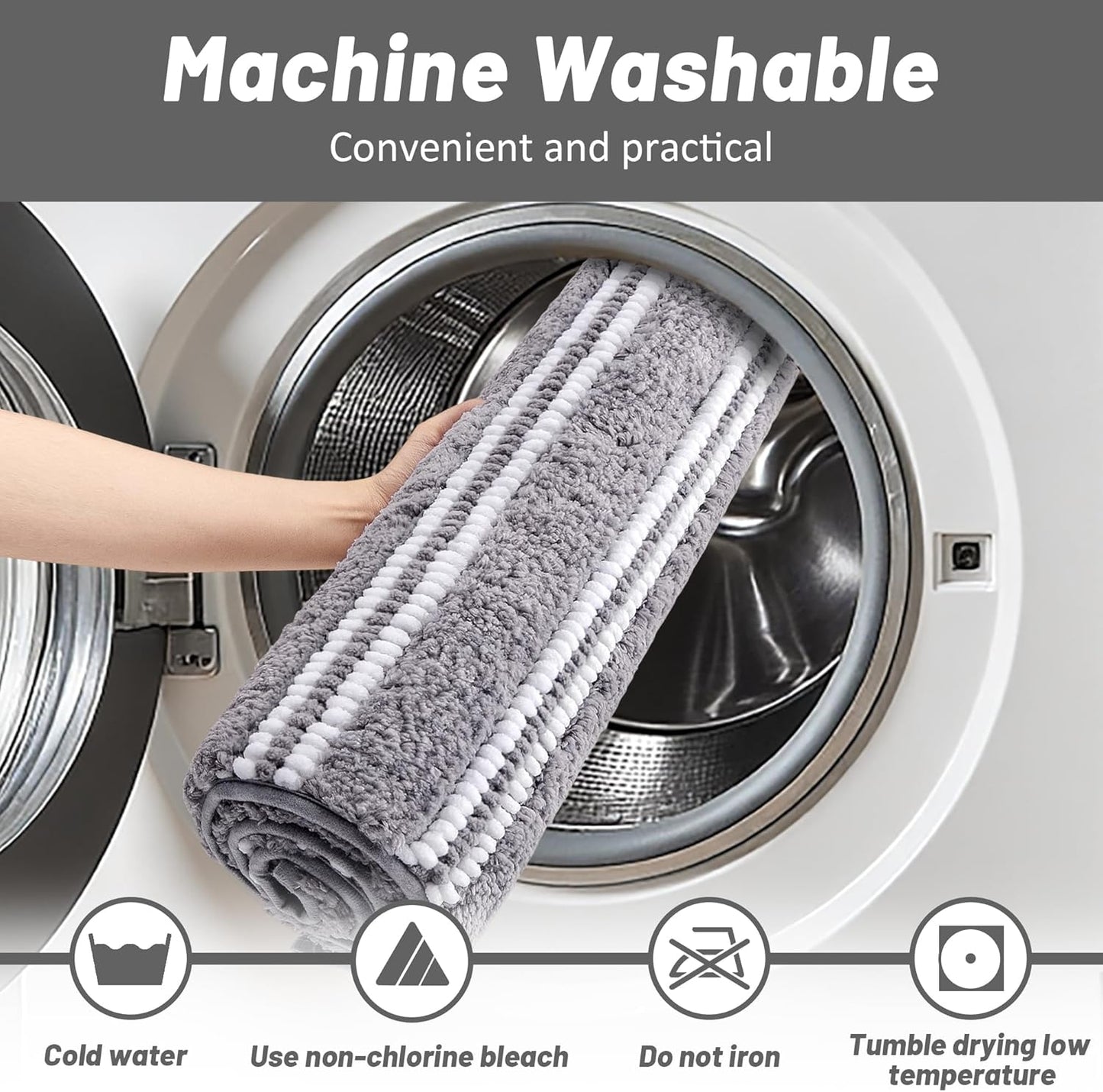 Bathroom Rugs 24x36 Extra Soft Absorbent Bath Mat Chenille Non Slip Shower Mat Rubber Backing Machine Washable Bath Mats for Bathroom Shaggy Grey Bath Rugs for Tub, Hallway