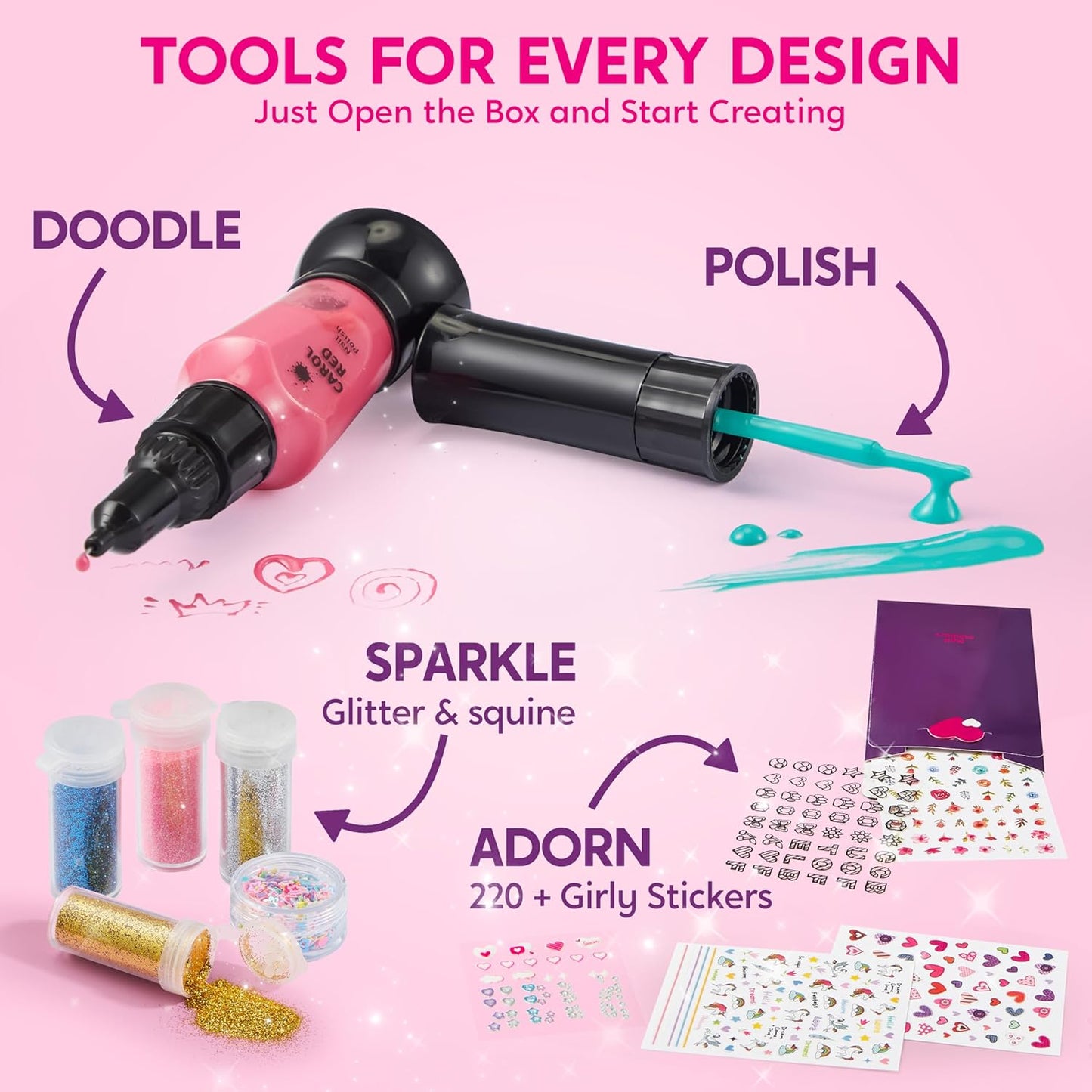 Klever Kits Kids Nail Polish Set, Nail Art Kit for Girls, Birthday Gifts for Girls Ages 7 and up, Makeup for Kids, Glitter, Sequins, Stickers , Peel Off & Quick Dry