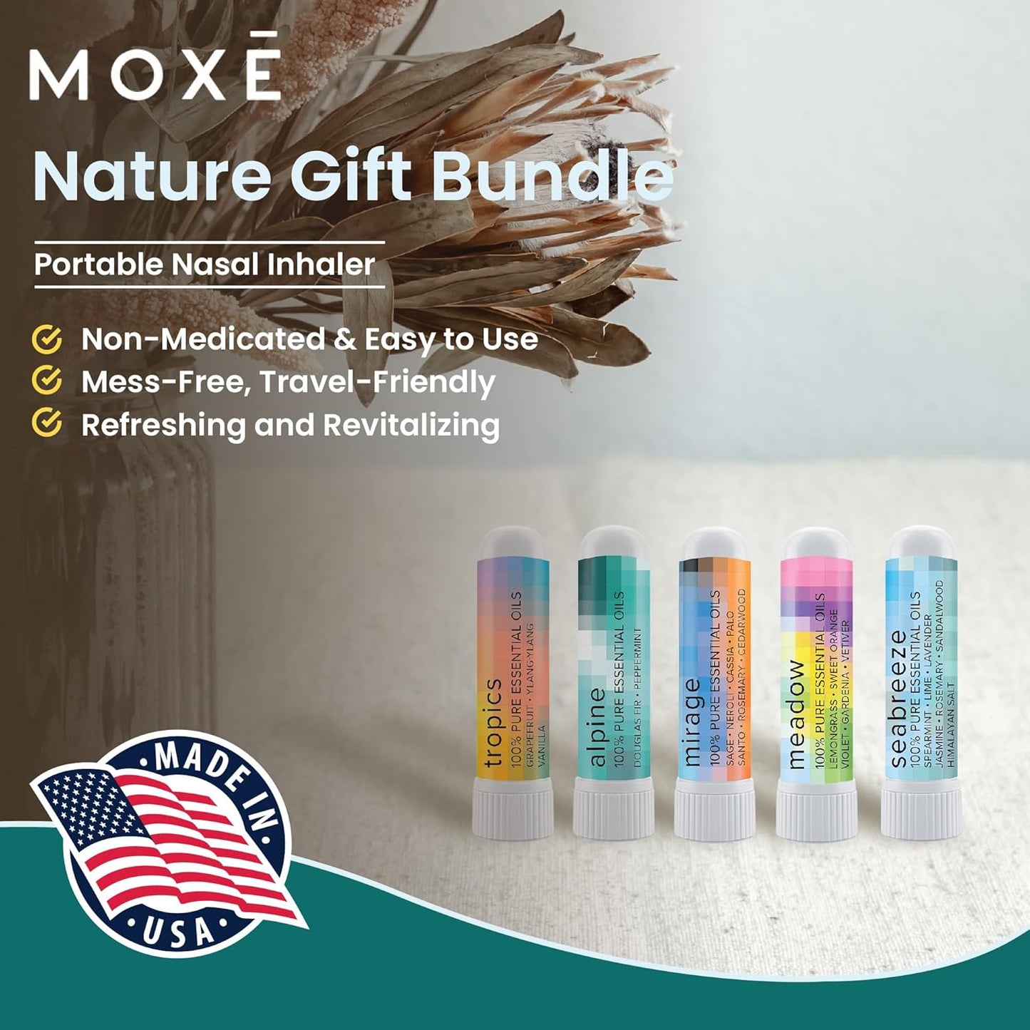 MOXĒ Nature Gift Bundle Nasal Sticks | 5 Aromatherapy Inhalers with 100% Pure Essential Oil Blends | Warming & Cooling Scents of The Natural World, Made in USA