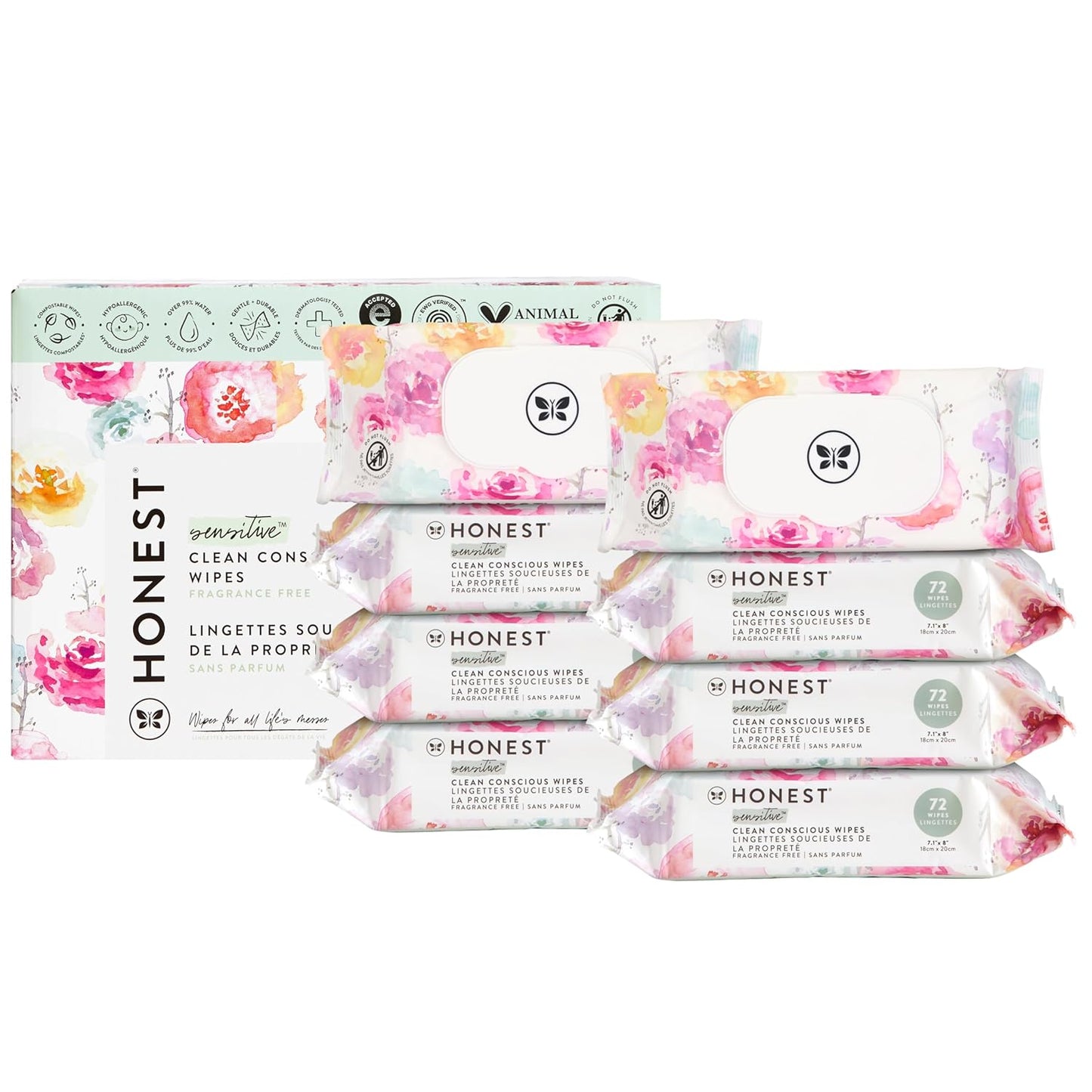 The Honest Company Clean Conscious Multi-Use Wipes, Unscented Hypoallergenic Baby Wipes for Sensitive Skin, 99% Water Plant-Based Compostable Wipes, Rose Blossom, 576 Count
