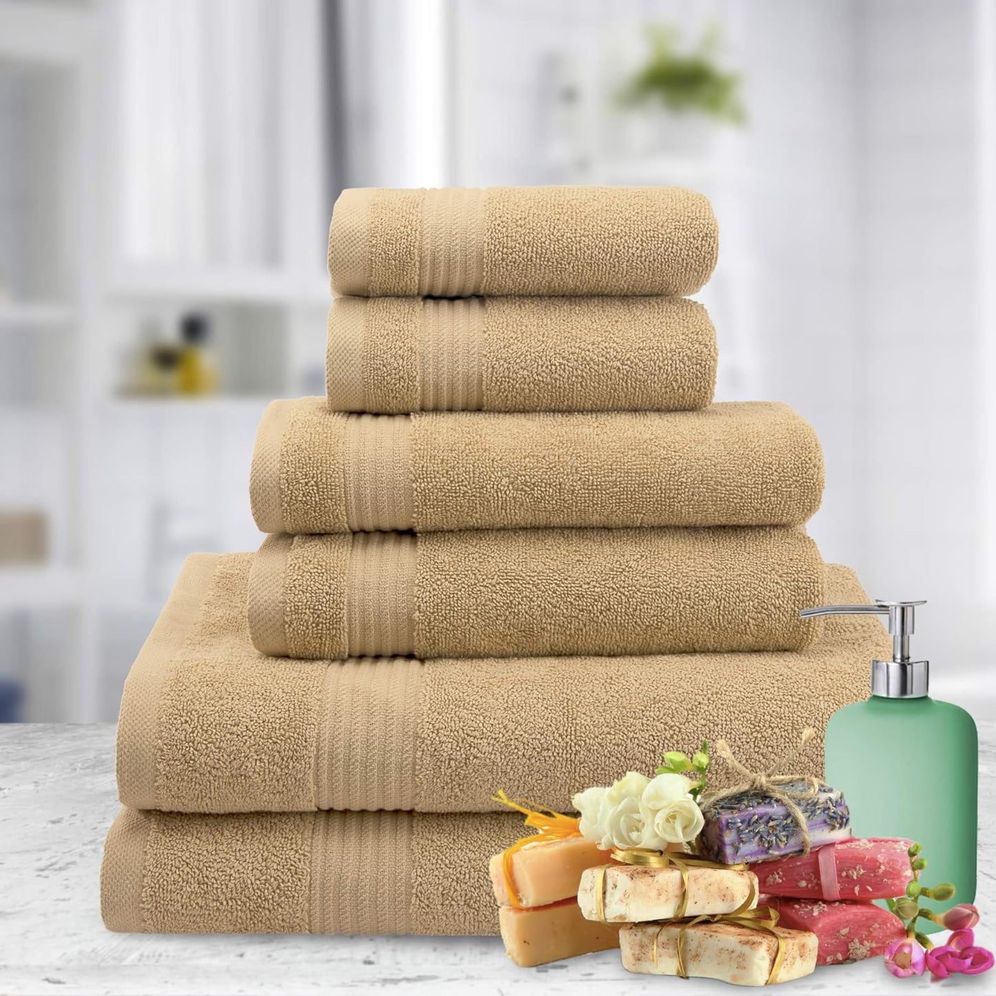 American Veteran Towel, 6 Piece Towel Set for Bathroom, 100% Cotton Turkish Bathroom Towels, 2 Bath Towels 2 Hand Towels 2 Washcloths, Beige
