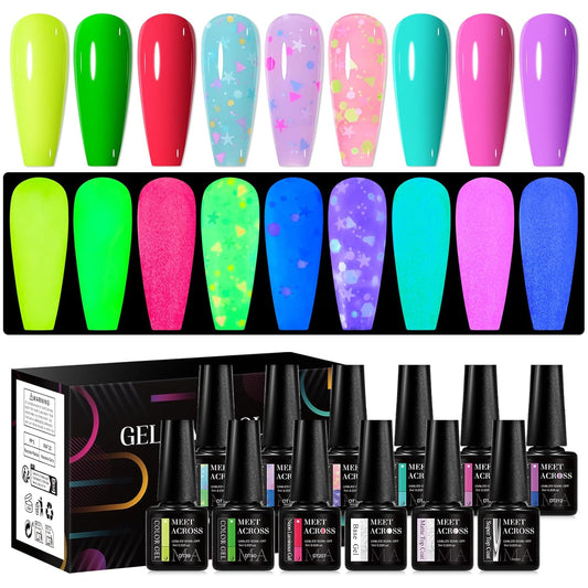 MEET ACROSS 9 Colors Gel Nail Polish + 3PCS Function Gel Nail Polish Kit,Fashion Nail Art Set Design Gifts for Women Manicure Salon (SET17, 12pcs)