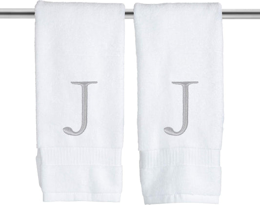 Monogrammed Hand Towels for Bathroom - Luxury Hotel Quality Personalized Initial Decorative Embroidered Bath Towel for Powder Room, Spa - GOTS Organic Certified - Set of 2 Letter J