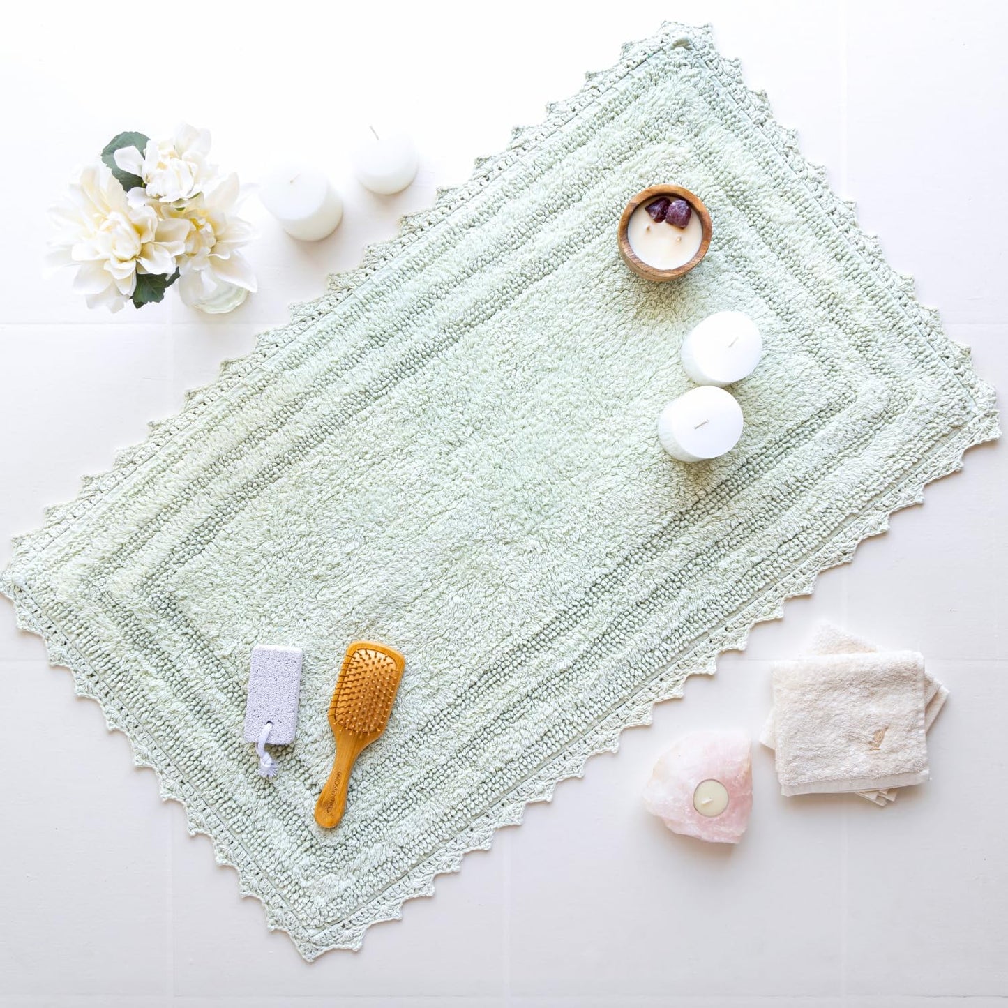 RAJRANG Bath Rug for Bathroom Kitchen Spa with Crochet Cotton Absorbent Soft Reversible Woven Bath Mat Meadow Mist Rectangle 34x21 Inches