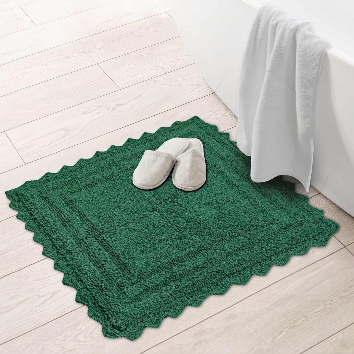 RAJRANG Foliage Green Square Cotton Bath Rug | 24 Inch Reversible Bathroom Mat with Crochet Trim | Soft, Absorbent Rug for Bathroom, Vanity, or Kitchen Use