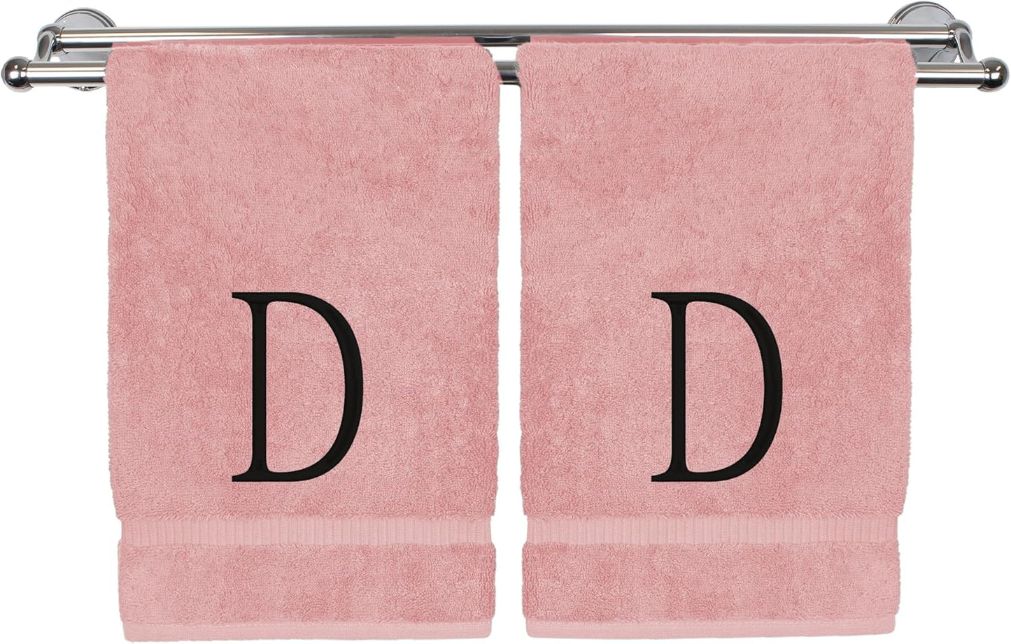 Monogrammed Hand Towel, Personalized Initial Gift, Extra Absorbent 100% Turkish Cotton - Soft Terry Finish - Set of 2 - Black Block Initial D - Embroidered on Pink Towels