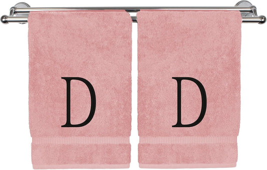 Monogrammed Hand Towel, Personalized Initial Gift, Extra Absorbent 100% Turkish Cotton - Soft Terry Finish - Set of 2 - Black Block Initial D - Embroidered on Pink Towels
