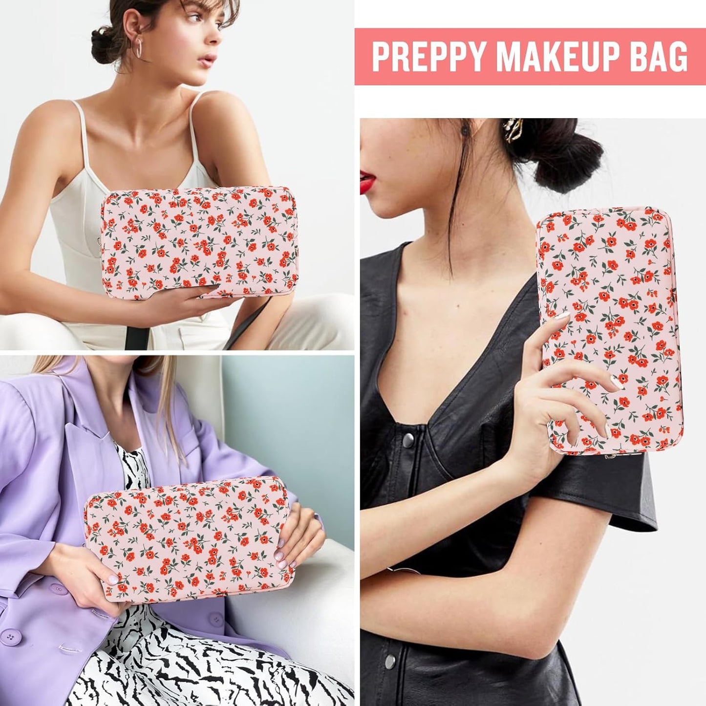 Nylon Small Floral Makeup Bag for Purse, Cute Preppy Pink Makeup Bag Flower Cosmetic Zipper Pouch, Waterproof Portable Travel Toiletry Makeup Brush Bag Organizer Storage for Women Girls(Pink-Floral)