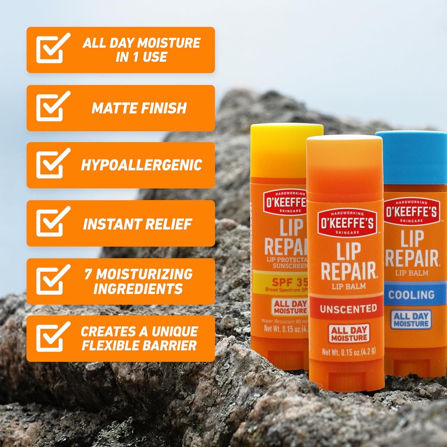 O'Keeffe's Lip Repair Lip Balm Set for Dry, Cracked Lips - Stick (Pack of 3: 1 Cooling + 1 Unscented + 1 SPF) - Moisturizer for for Extremely Cracked, Dry Lips