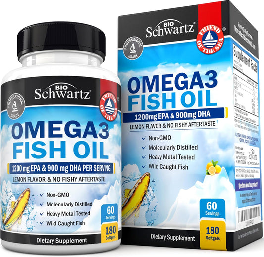 Triple Strength Omega 3 Fish Oil Supplement - 2250mg EPA DHA Omega 3 Fatty Acids from Fresh Wild Caught Fish, Burpless Lemon Flavor Formula Supports Eye Health and More, Gluten Free, 180 Softgels