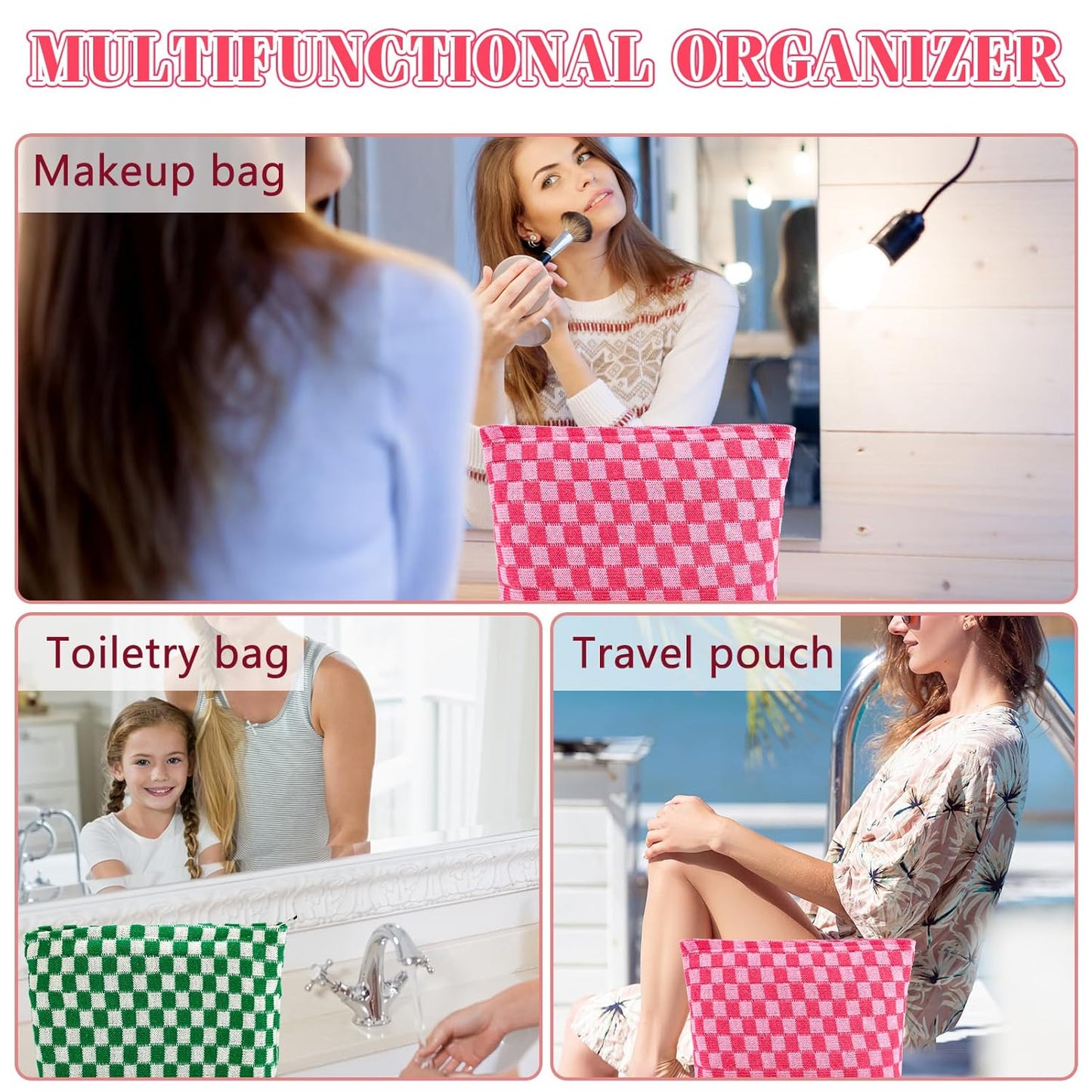 ZLFSRQ 2Pcs Checkered Makeup Bag for Women Large Capacity Cosmetic Bag Set Travel Makeup Pouch for Purse Zipper Toiletry Organizer Cute Y2K Aesthetic Trendy Skincare Storage Organizer(Pink/Green)