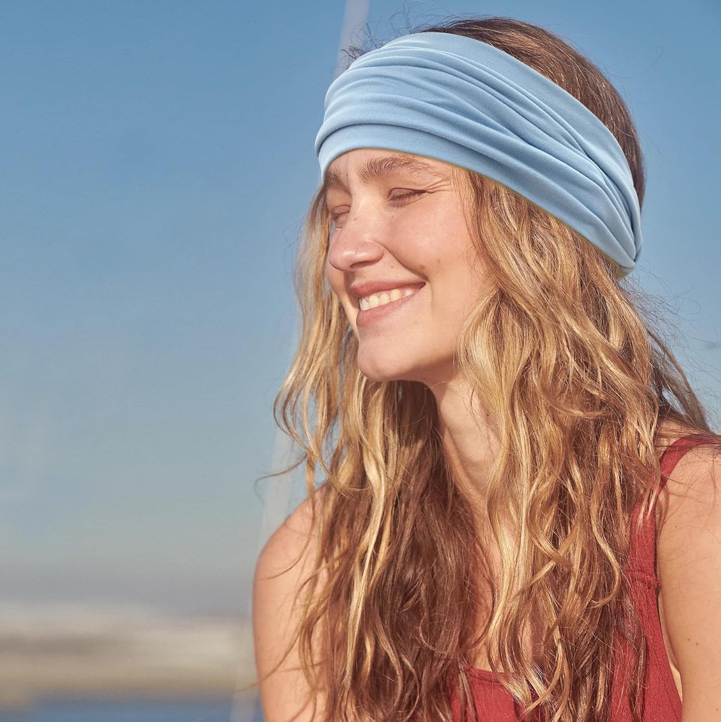 GiLi 2 Pack Wide Headbands for Women Boho Knotted Non Slip Fashion Hair Bands Yoga Running Sports Workout Gym Head Wraps Elastic Soft Cotton Cloth Turbans Bandana for Girls (Light Purple,Light Blue)