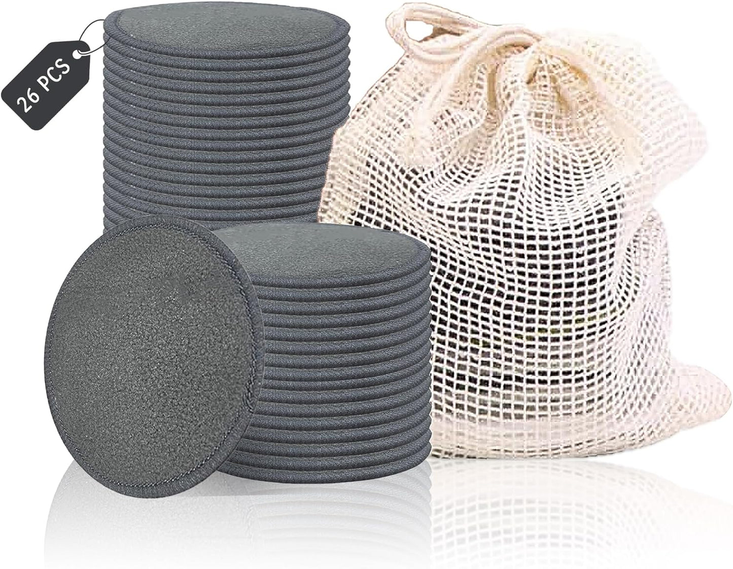 Reusable Bamboo Charcoal Makeup Remover Pads - 26 Packs Reusable Cotton Rounds with Cotton Bag | Organic, Zero Waste, Gentle for All Skin Types | Double-Sided Washable Bamboo Cotton Rounds
