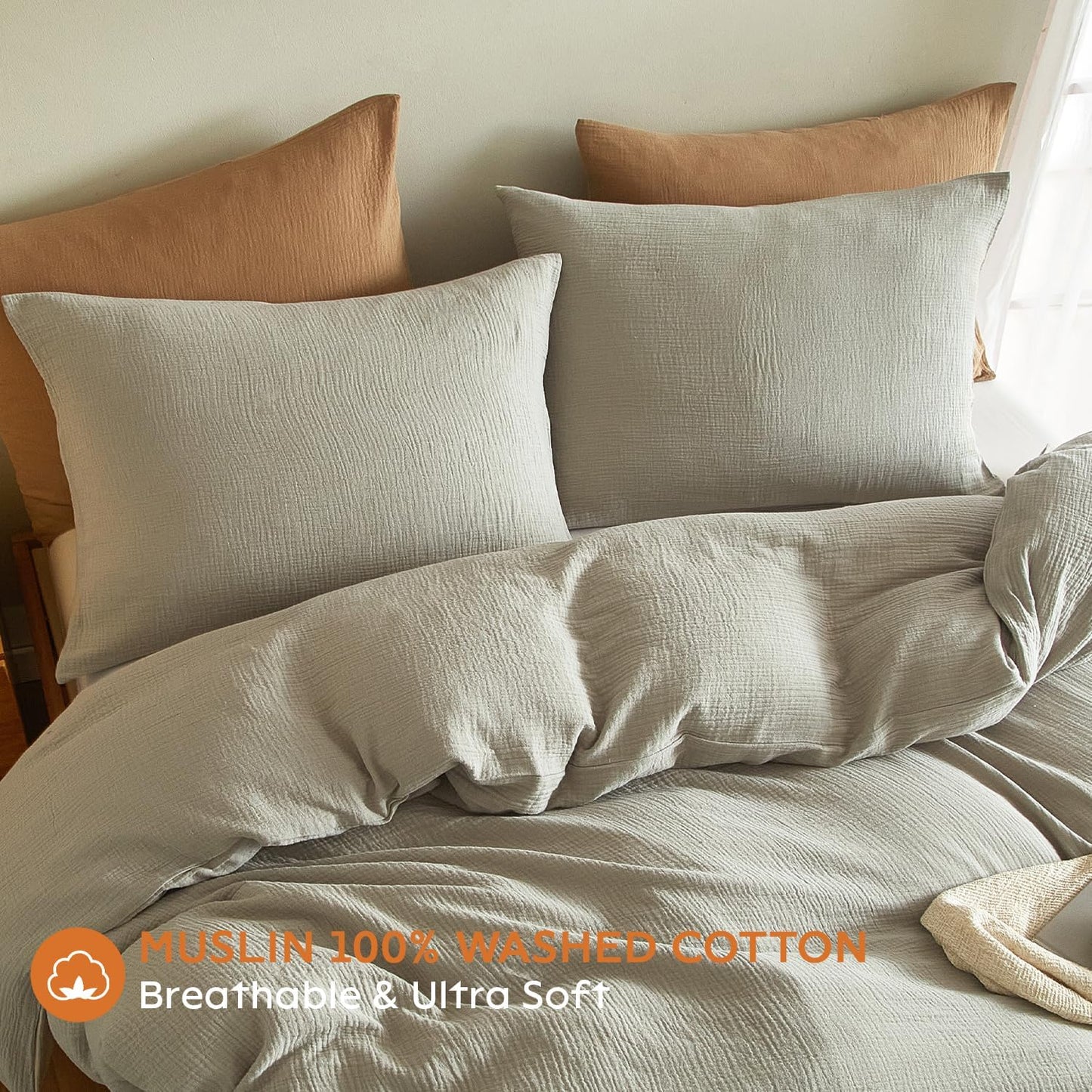 SE SOFTEXLY Muslin Pillowcases King Size 100% Cotton, 2 Pack Linen Like Pillow Shams with Envelope Closure, Ultral Soft and Breathable Pillow Case Covers, Smoky-Green, 20" X 36", No Filling