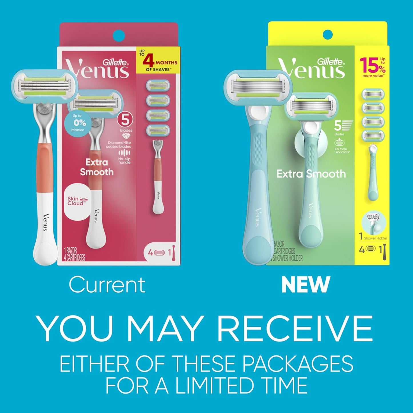 Gillette Venus Extra Smooth Razor for Women, Includes 1 Reusable Razor Handle + 4 Refills, 5-Bladed, Ergonomic No-Slip Gel Handle and Shower Holder