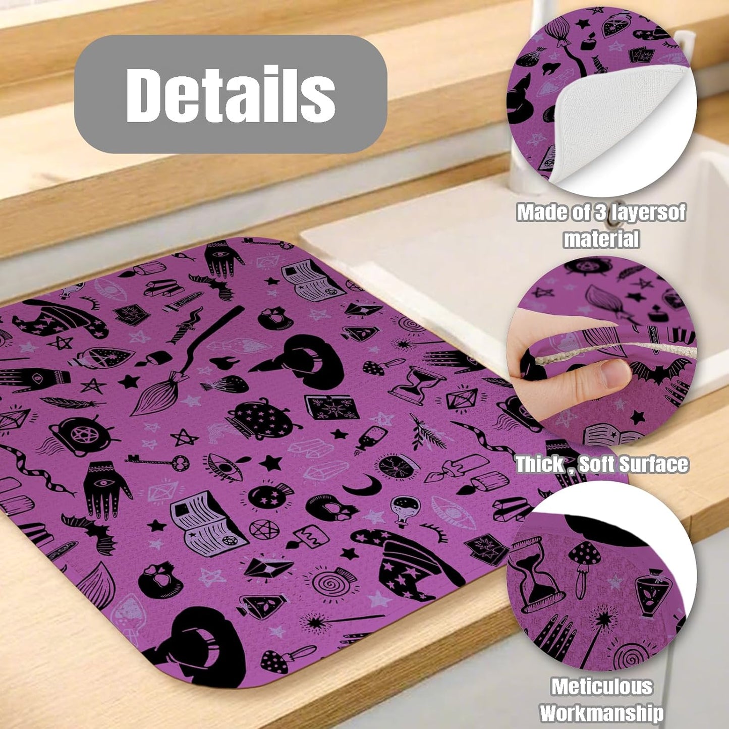Dish Drying Mat for Kitchen Counter Large 16" x 18" Purple Halloween Witch Absorbent Microfiber Dishes Drainer Rack Mats Pad Reusable Washable