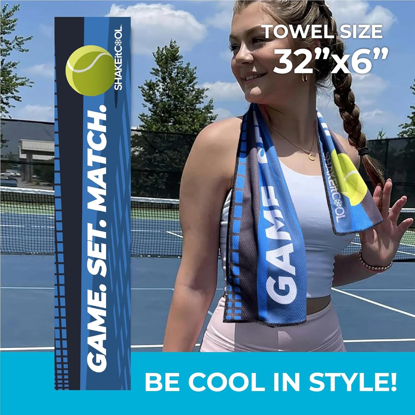 SHAKEitCOOL Original Cooling Towel – Be Cool in Style - Heat Relief, Soft, Lightweight, Sun Protection, Easy Clean - Perfect for Biking, Running, Yoga, Gym, Gardening - Tennis