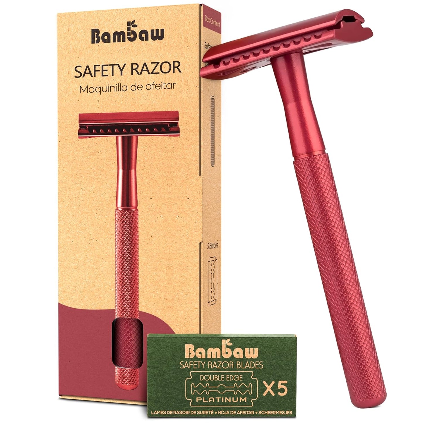 Bambaw Single Blade Double Edged Safety Razor with 5 Blades, Durable Metal Razor for Men & Women, Reusable & Plastic Free Double Edge Safety Razors for Men – Red