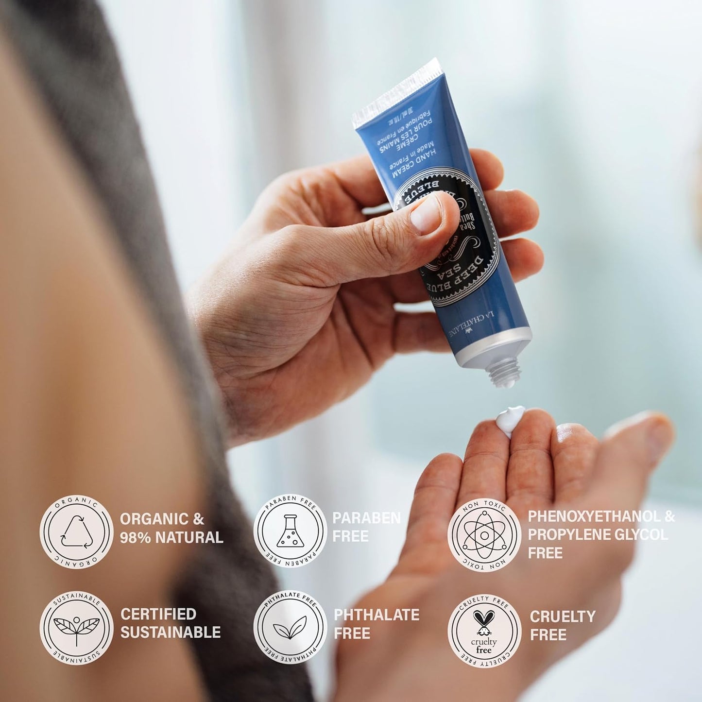 La Chatelaine 20% Shea Butter Hand Cream Travel Size, Men, Unisex, Organic Argan Oil, Moisturizing, Nourishing, Extra-Rich Hand Lotion, Made in France, Paraben Free, 1 oz / 30ml (Deep Blue Sea)