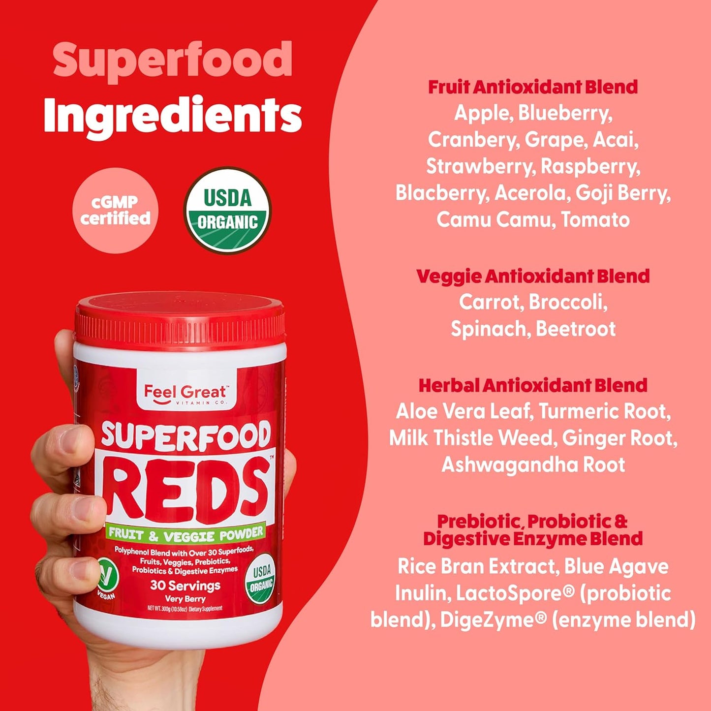 Feel Great Organic Superfood Reds Powder Packed with Beet Root Powder | Digestive Support Including Bloating Relief | Fruit and Veggie Polyphenols Supplement.