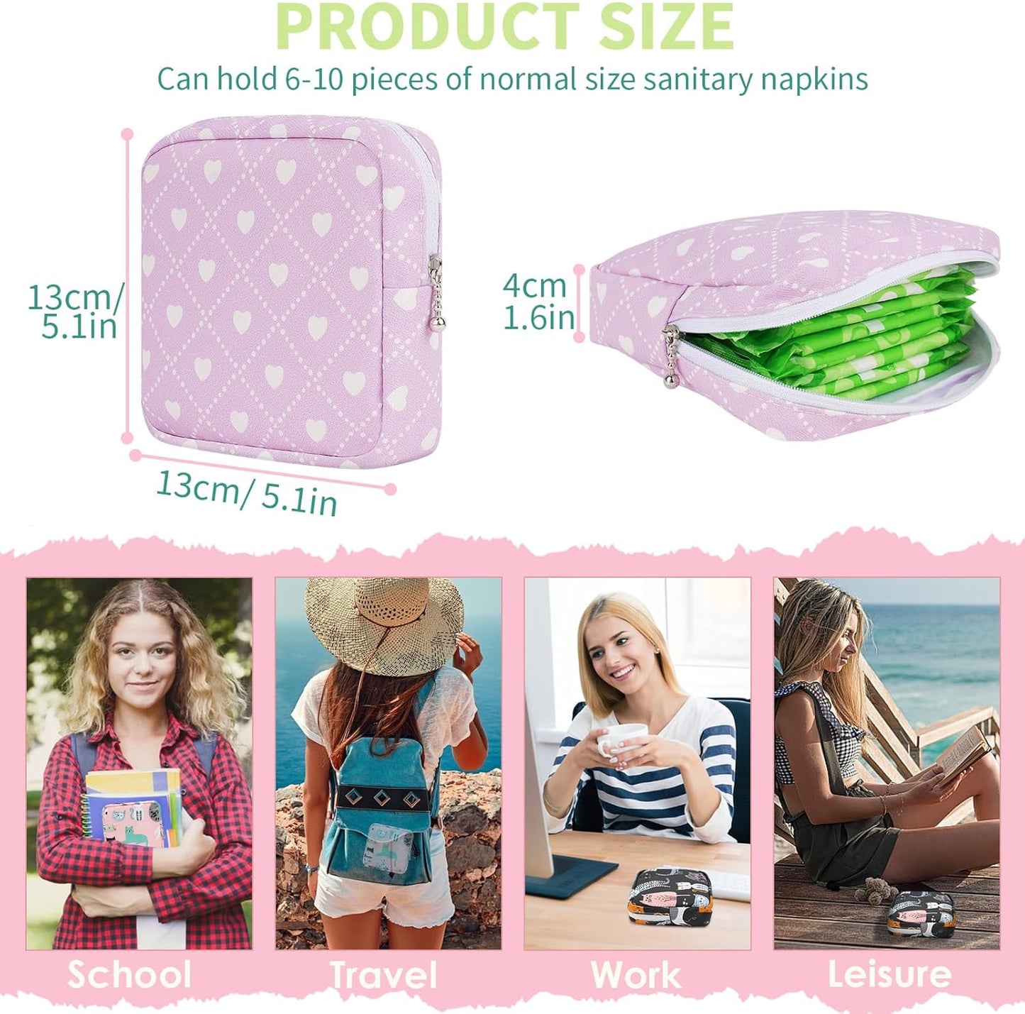 Desing Wish Sanitary Pad Storage Bag Portable Period Bag for Teen Pads/Sanitary Napkins/Small Tampons, Sanitary Napkin Storage Bag First Period Gifts for Teen Girls (Purple Hearts)