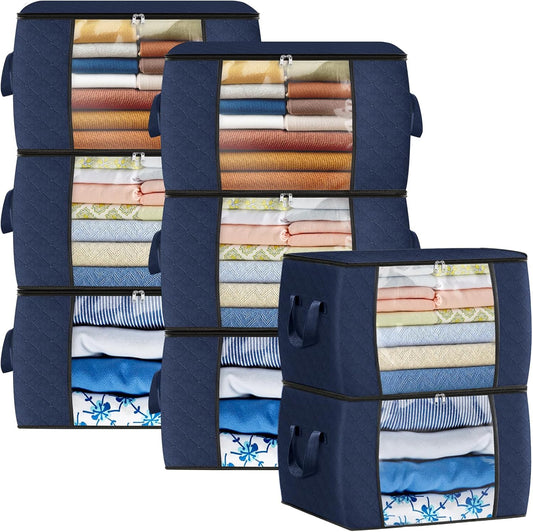 Fab totes 24 Gallons Clothes Storage, Foldable Thick Fabric Blanket Storage Bags, Containers for Organizing Bedroom, Closet, Clothing, Comforter, Organization with Handle (8 Pack,Blue)