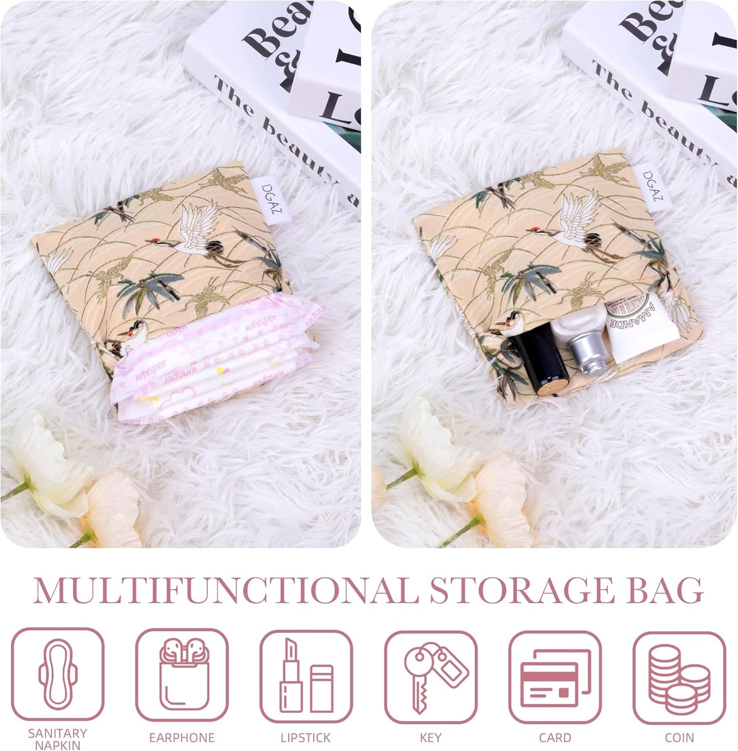 DGAZ Sanitary Napkin Storage Bag, Period Bag for Teen Aged Girls, Portable Period Bag for Panty Liners/Menstrual Cup/Small Tampons，Mini Makeup Bag for Purse(Fairy Crane)