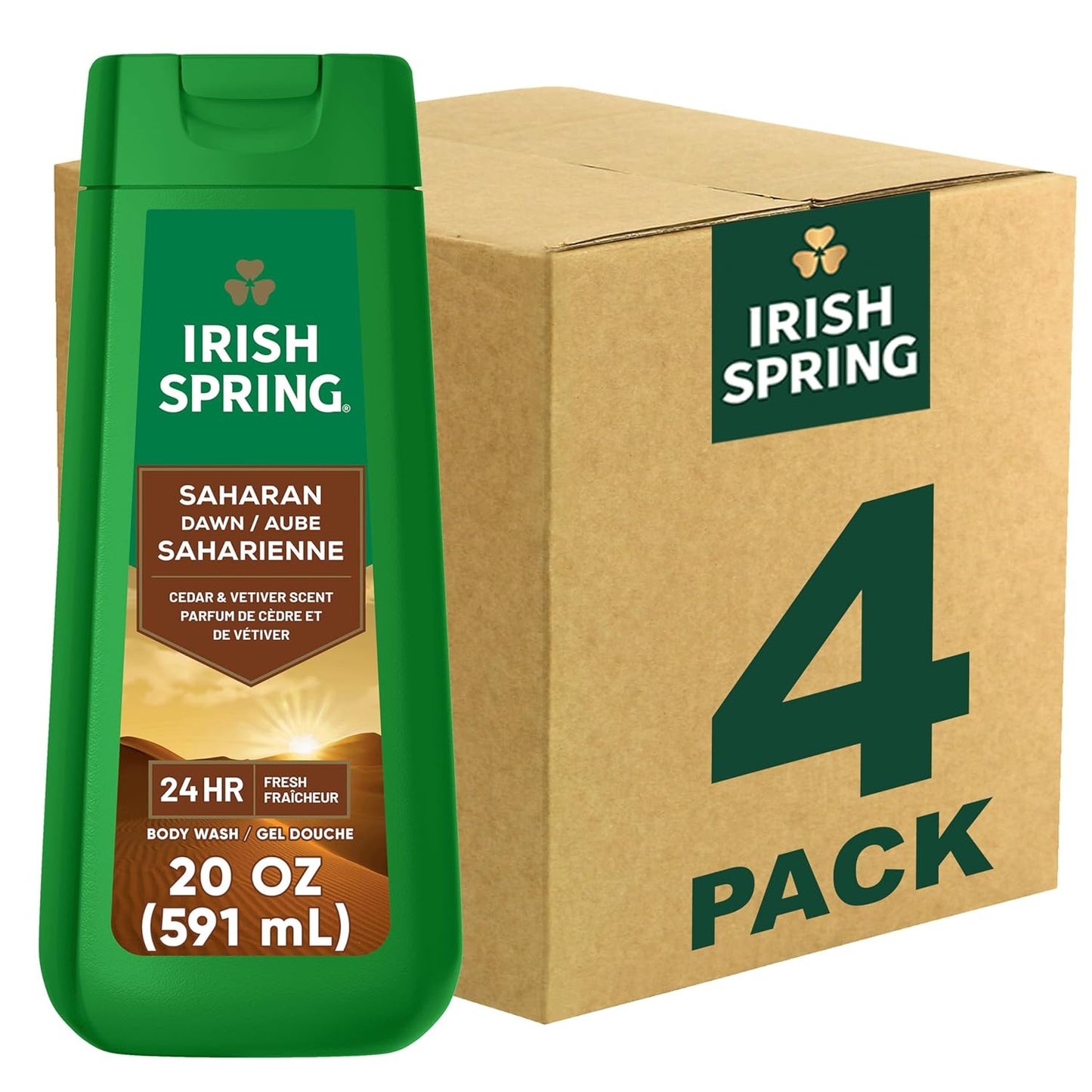 Irish Spring Saharan Dawn Moisturizing Body Wash for Men, 24 Hour Fresh, Face and Body Wash, Paraben Free, Cedar and Vetiver Scent, 20 fl oz Bottle (Pack of 4)