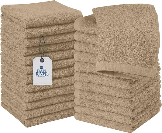 DAN RIVER 100% Cotton Wash Cloths 24 Pack [12x12] Soft & Absorbent Thin washcloths, Gym, Hotels & Spa Perfect for Everyday Use Fingertip Towels, Tan
