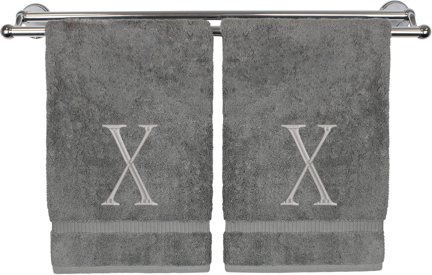 Monogrammed Hand Towel, Personalized Initial Gift, Extra Absorbent 100% Turkish Cotton - Soft Terry Finish - Set of 2 - Silver Block Initial X - Embroidered on Grey Towels