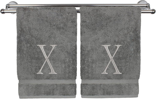 Monogrammed Hand Towel, Personalized Initial Gift, Extra Absorbent 100% Turkish Cotton - Soft Terry Finish - Set of 2 - Silver Block Initial X - Embroidered on Grey Towels