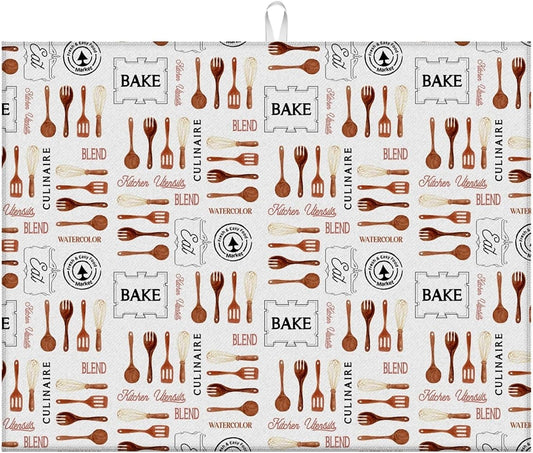 Dish Drying Mat For Kitchen Counter, Vintage Tableware Microfiber Absorbent Dish Drainer Rack Pad Reusable Large 18x24in Drying Mat