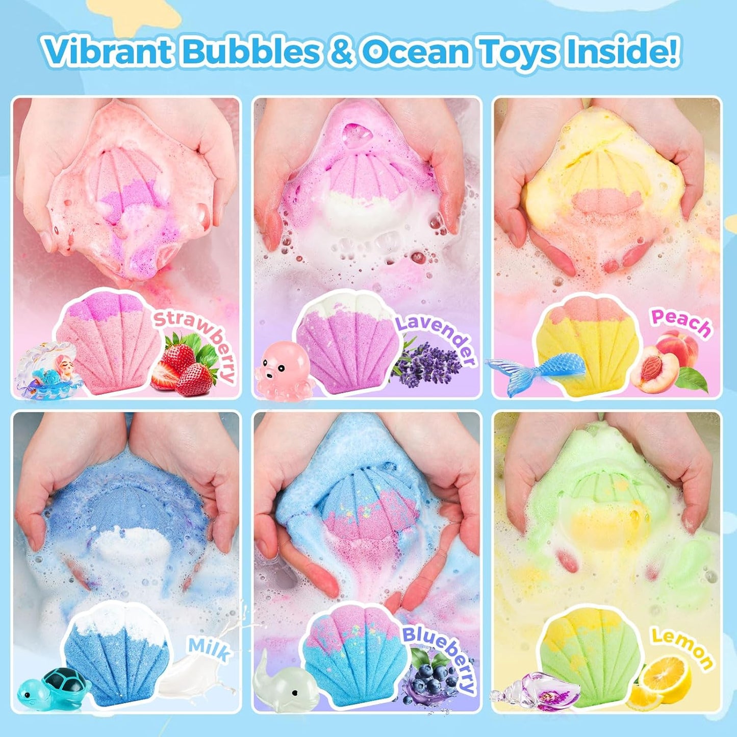 Bath Bombs for Kids, 3.5oz Large Mermaid Bath Bomb with Toys Inside, Girls Bath Bombs with Surprise Inside, Organic Natural Bubble Bath Fizz for Kids, 6 Pack