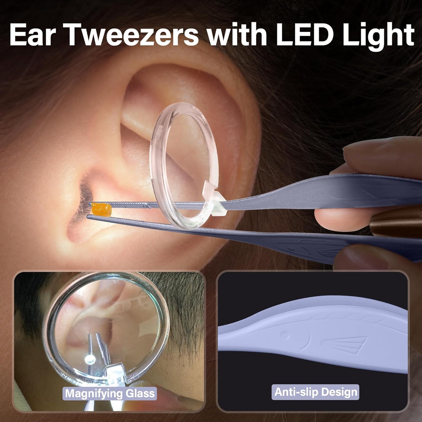 POZILAN Ear Cleaning Kit with LED Light - 15 Pack Ear Wax Removal Kit for Kids and Adults, Earwax Spoon Digger & Tweezers for Ear Cleaning Tool Present Set（Purple）